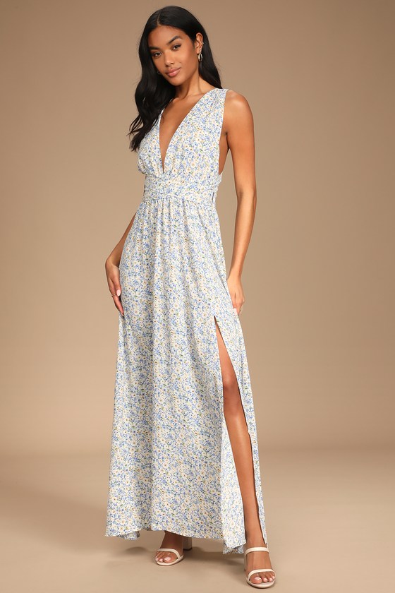 Blue Floral Print Dress - Convertible ...